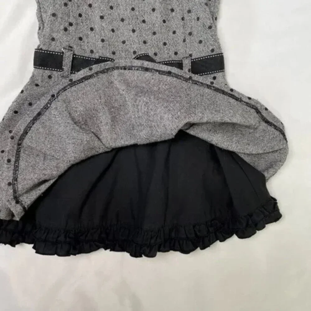 Origami Girl's Size 3 Pleated Jumper Wool Blend Gray Black Polka Dot Ribbon Belt